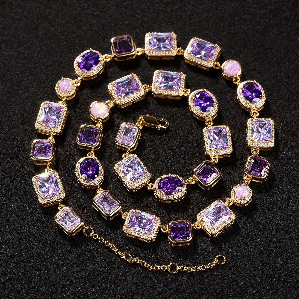 Purple Crystal Geometric Chain Necklace & Bracelet Set for Women and Men, Silver Plated Statement Pendant Jewelry product image
