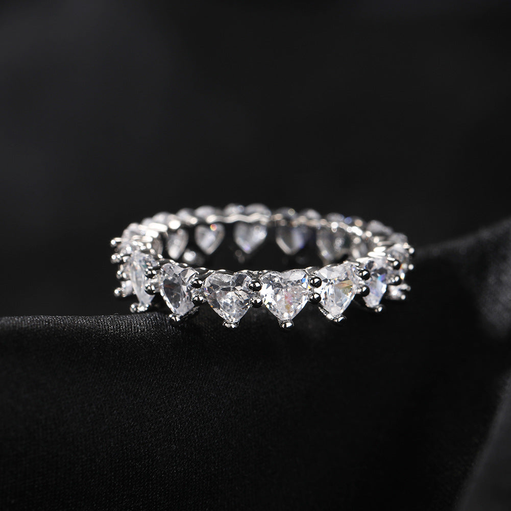 Silvery Zircon Heart Ring Set for Women – Hip Hop Style Copper Statement Stackable Rings