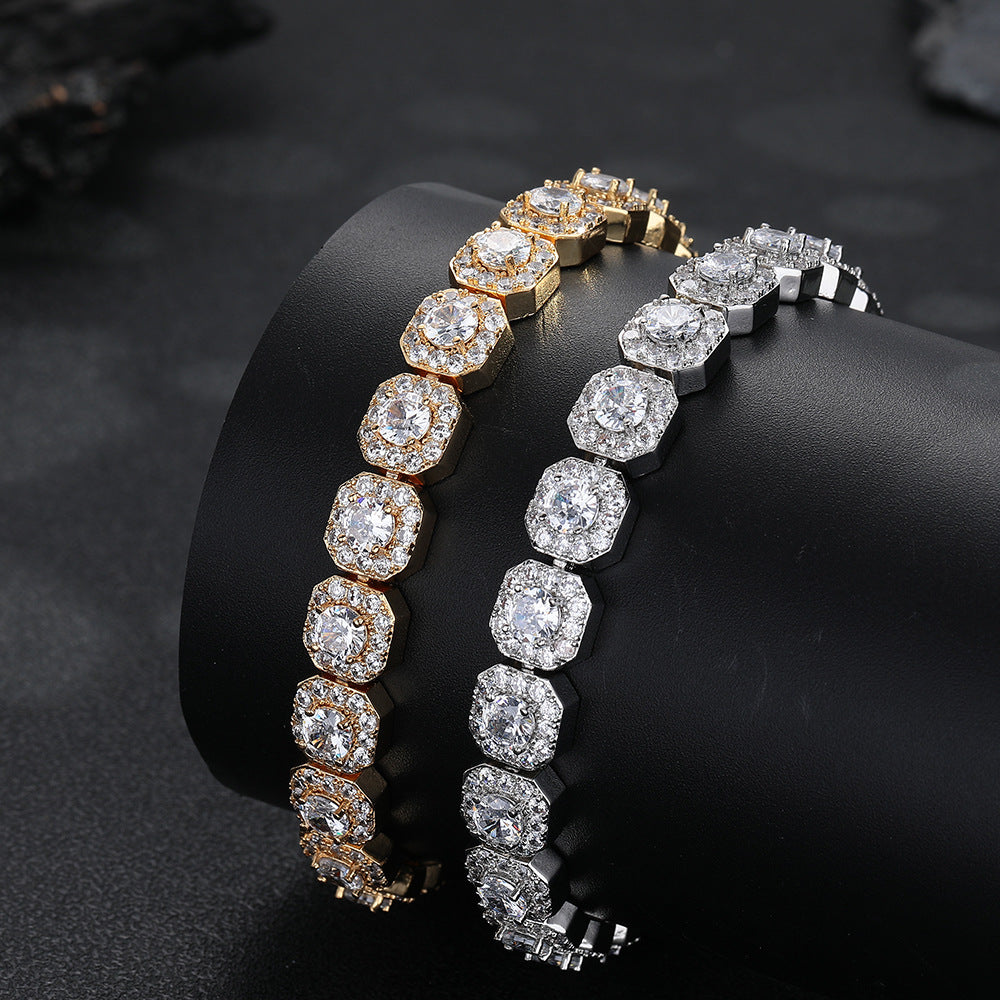 Iced Out Square Link Chain Bracelet & Necklace, Zircon Hip Hop Jewelry