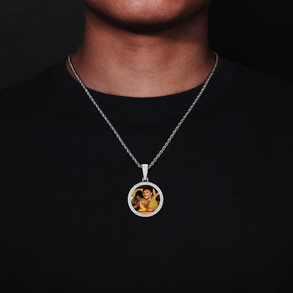 Iced Out Round Photo Pendant Necklace for Men and Women, Geometric Cuban Link Style Chain in Gold, Silver or Rose Gold Tone