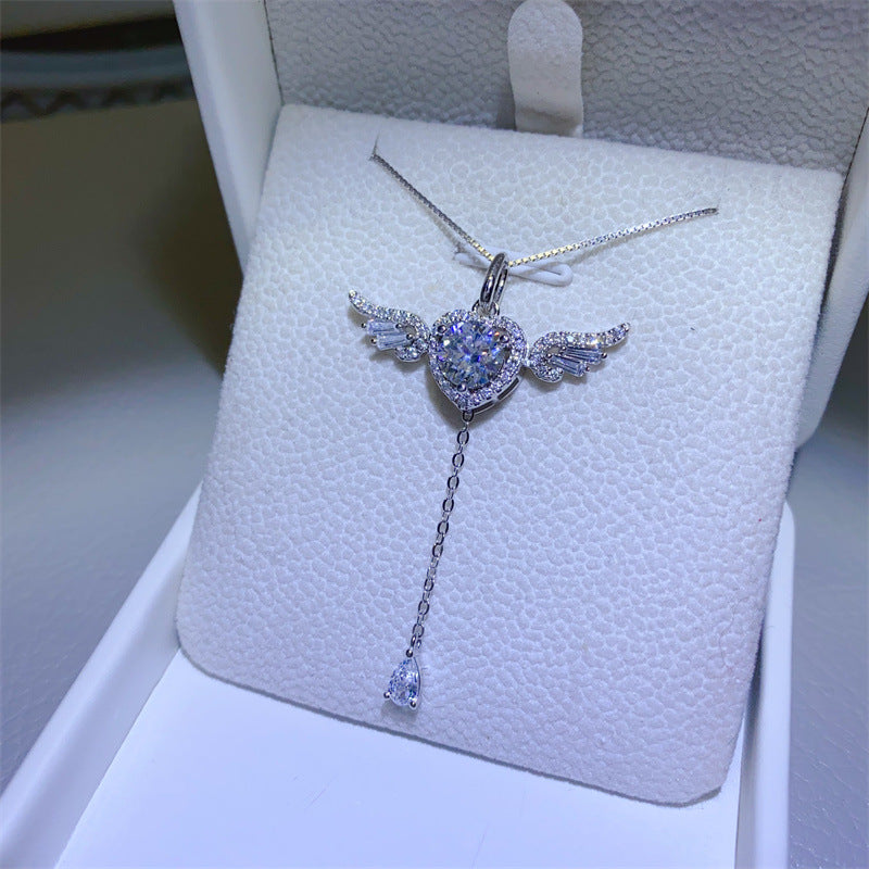 925 Silver Moissanite Angel Wing Heart Necklace with 1 Carat Pendant product image