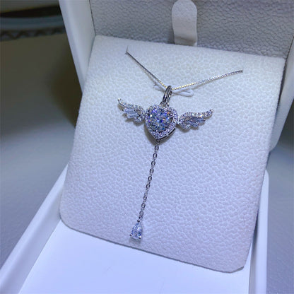 925 Silver Moissanite Angel Wing Heart Necklace with 1 Carat Pendant