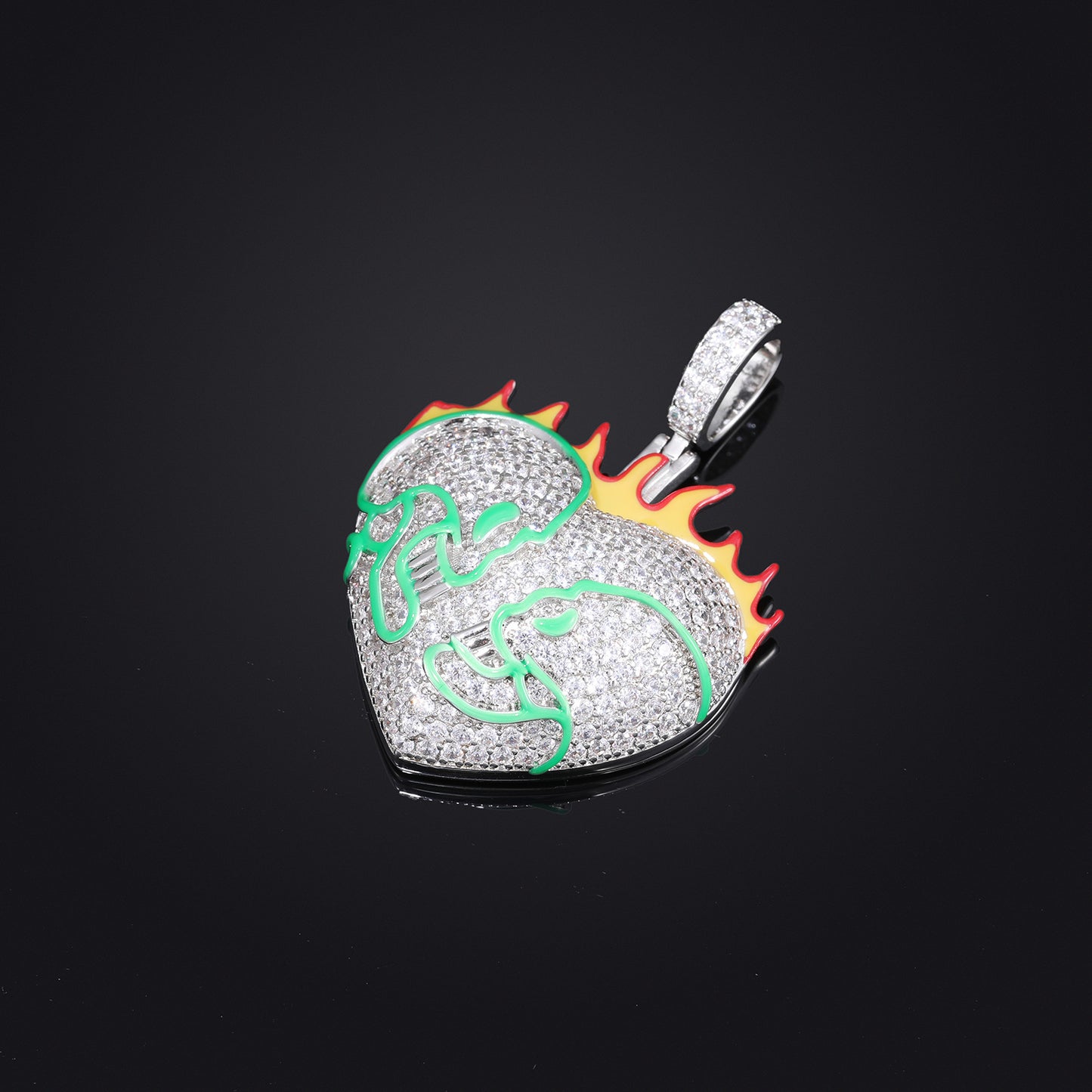 Iced Out Flaming Skull Heart Pendant Necklace for Men - Silver Tone Copper Hip Hop Chain with Cubic Zirconia product image