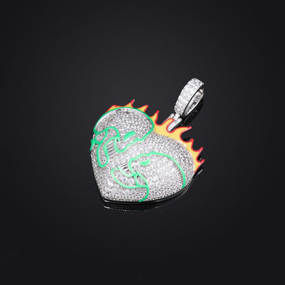 Iced Out Flaming Skull Heart Pendant Necklace for Men - Silver Tone Copper Hip Hop Chain with Cubic Zirconia