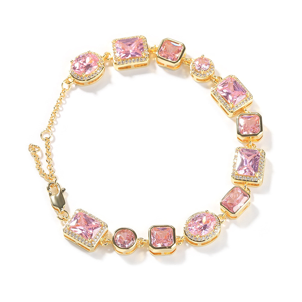 Elegant Pink Cubic Zirconia Link Bracelet for Women in Silver Tone - Round & Square Statement Chain Bracelet