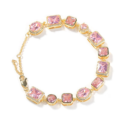 Elegant Pink Cubic Zirconia Link Bracelet for Women in Silver Tone - Round & Square Statement Chain Bracelet