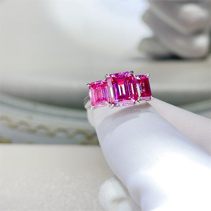 Pink Emerald Cut 5 Carat 3-Stone Moissanite Ring for Women, VVS1 Geometric Engagement Ring