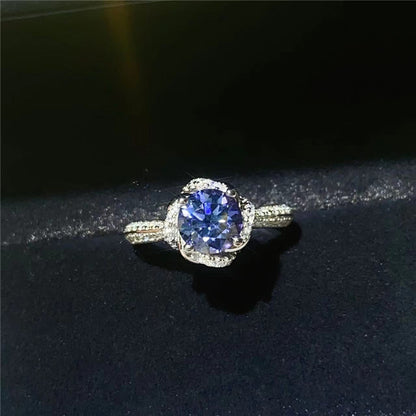 Blue Moissanite Halo Ring for Women, 1 Carat U-Shape Engagement Ring Style