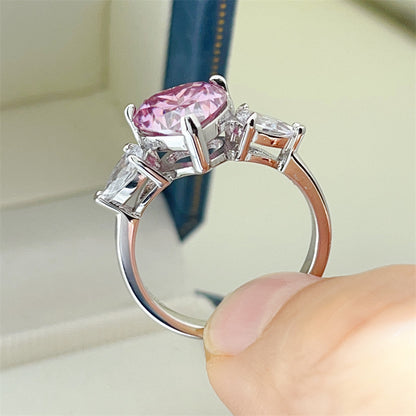 Pink Heart Moissanite Ring for Women, Three-Stone Engagement Ring, Promise Ring Gift