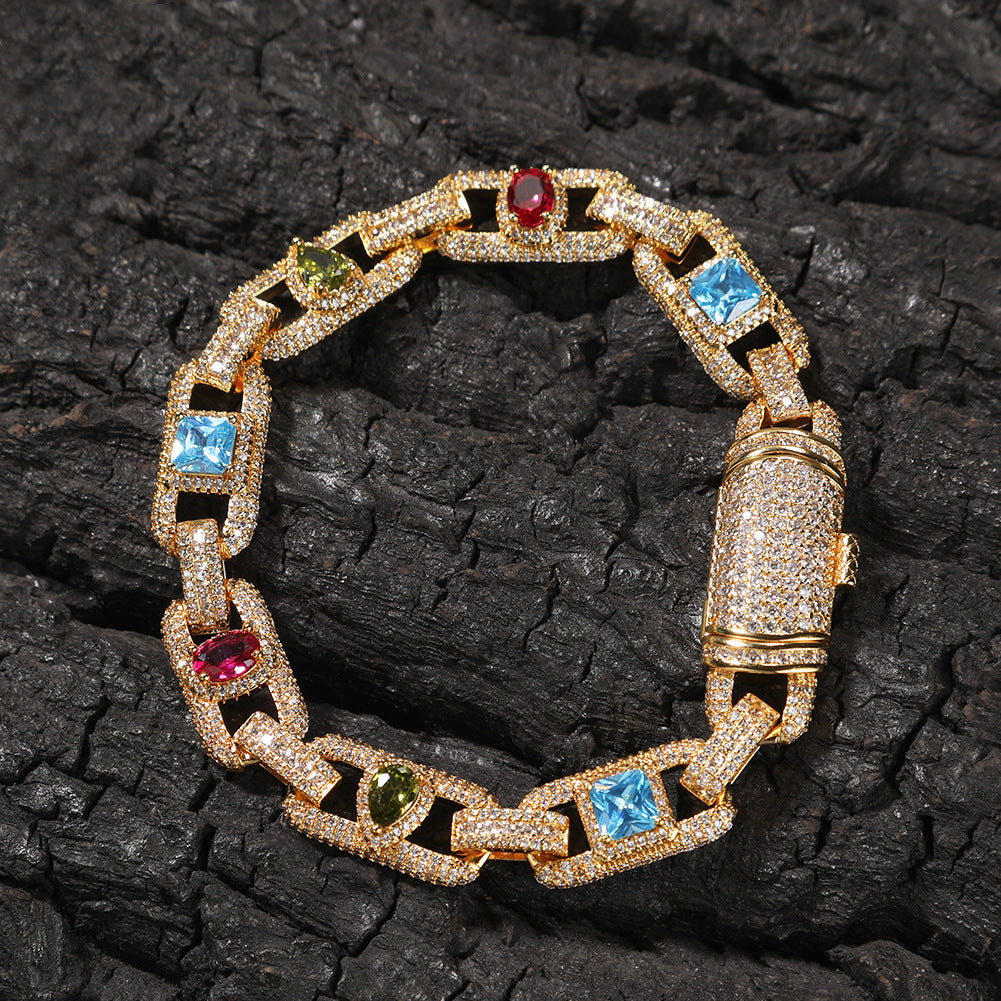 Unisex Geometric Cuban Link Necklace & Bracelet Set with Cubic Zirconia, Gold or Silver Tone Statement Chain Jewelry