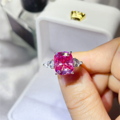 Pink 5 Carat Cushion Cut Moissanite Three-Stone Ring for Women