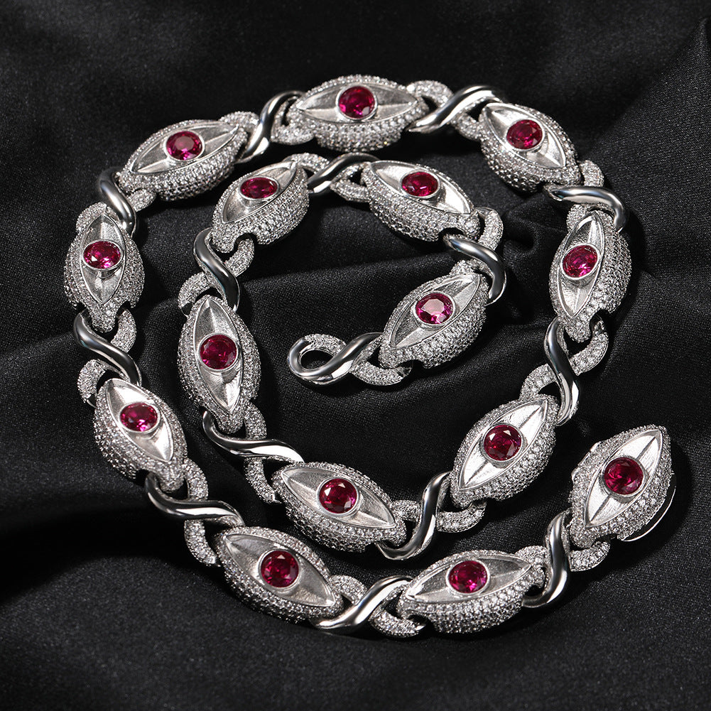Iced Evil Eye Cuban Link Necklace Bracelet for Women & Men, Silver Tone Copper Chain with Red Cubic Zirconia