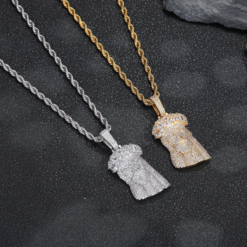 Men’s Hip Hop Cartoon Head Pendant Necklace, Copper Zircon Rope Chain, 24 Inch