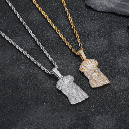 Men’s Hip Hop Cartoon Head Pendant Necklace, Copper Cubic Zirconia Rope Chain, 24 Inch