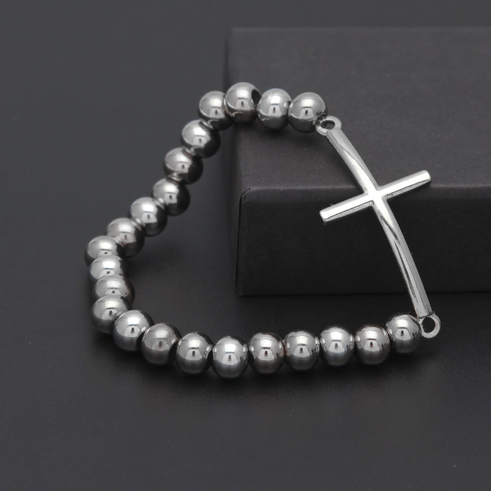 Polished Stainless Steel Cross Beaded Bracelet 8mm – Unisex Trendy Statement Chain Bracelet product image