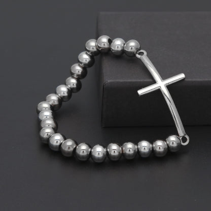 Polished Stainless Steel Cross Beaded Bracelet 8mm – Unisex Trendy Statement Chain Bracelet