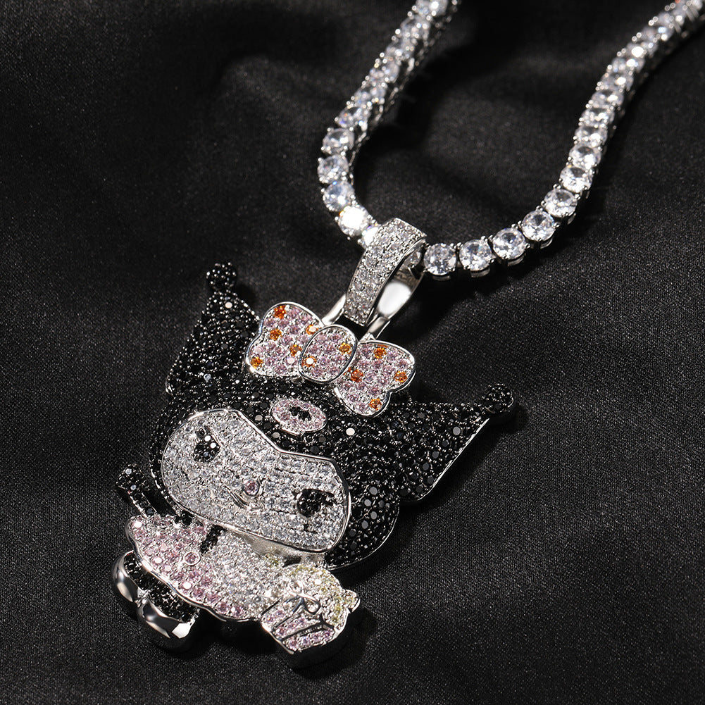 Iced Cartoon Character Pendant Necklace with 24 Inch Twist Chain for Women & Teen Girls