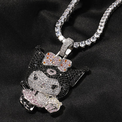 Iced Cartoon Character Pendant Necklace with 24 Inch Twist Chain for Women & Teen Girls