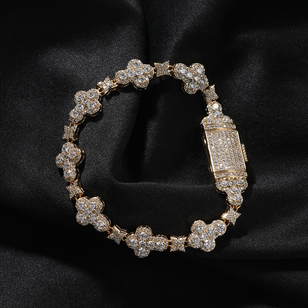 Unisex Cross Flower Cubic Zirconia Bracelet - Gold Plated or Silver Plated Hip Hop Statement Chain, 7 inch / 8 inch
