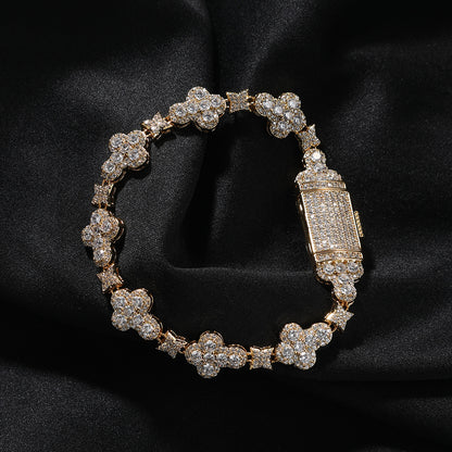 Unisex Cross Flower Cubic Zirconia Bracelet - Gold Plated or Silver Plated Hip Hop Statement Chain, 7 inch / 8 inch