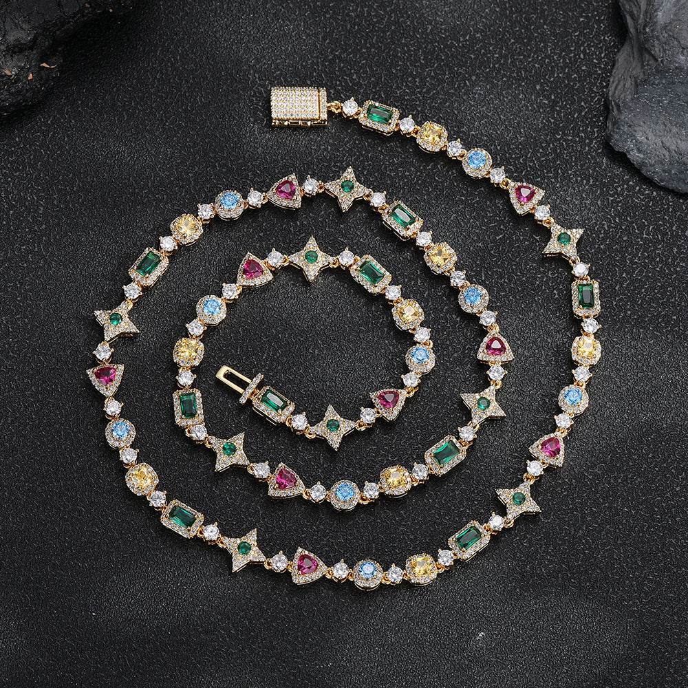 Colorful Cubic Zirconia Geometric Link Chain Necklace, Unisex Hip Hop Style, Copper product image