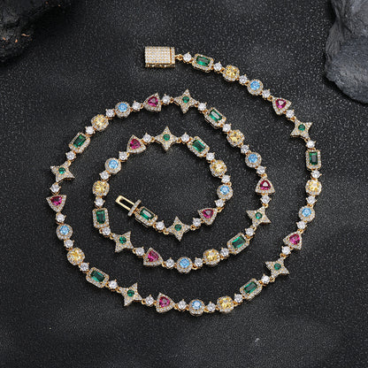 Colorful Cubic Zirconia Geometric Link Chain Necklace, Unisex Hip Hop Style, Copper