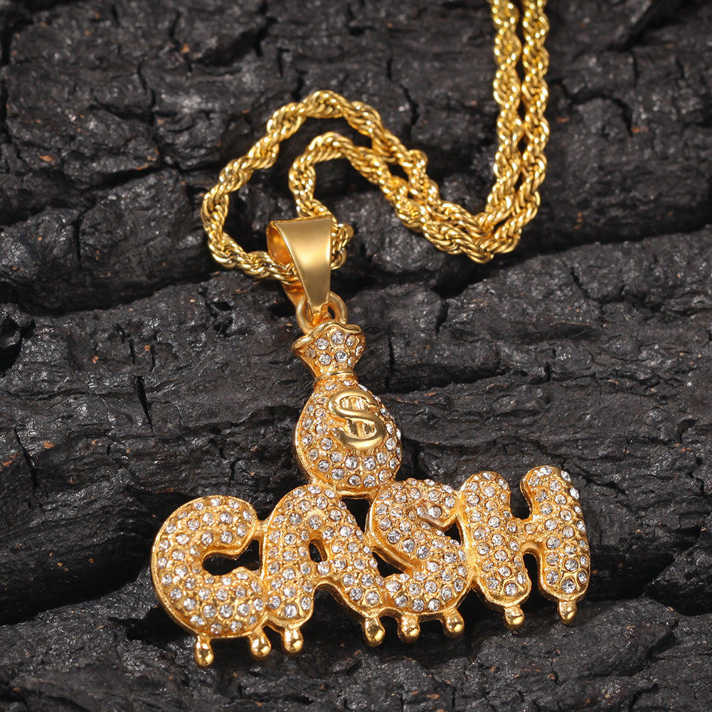 Gold-Tone Iced Cash Pendant Necklace for Women - Stainless Steel Diamond-Look Statement Chain