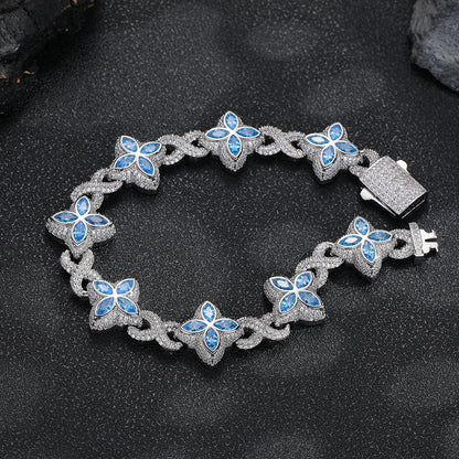 Clover Cuban Link Cubic Zirconia Bracelet & Necklace, Unisex Hip Hop Jewelry