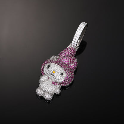 Iced Out Cartoon Character Pendant Necklace in White Tone with Pink Cubic Zirconia