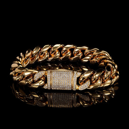 12 mm Polished Cuban with CZ Clasp Stainless steel Bracelet - CHA014