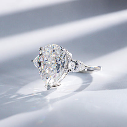 Pear Shaped Moissanite Engagement Ring, 6ct S925 Sterling Silver 18k Gold Plated Three Stone Ring
