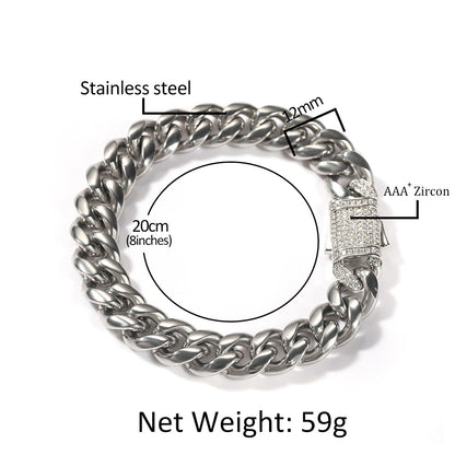 Unisex Iced Out Cuban Link Chain Bracelet Necklace in Stainless Steel with Cubic Zirconia Clasp
