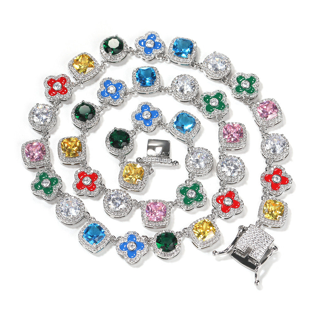 Iced Out Statement Chain Necklace with Multicolor Cubic Zirconia Pendant Links for Women and Men