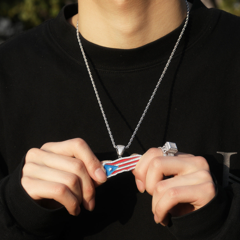 Iced Irregular Flag Pendant Necklace with Cubic Zirconia Twist Chain for Women & Men