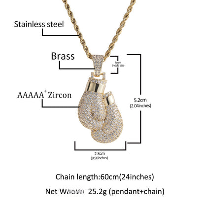 Iced Boxing Glove Pendant Necklace with Cubic Zirconia Rope Chain for Women & Men