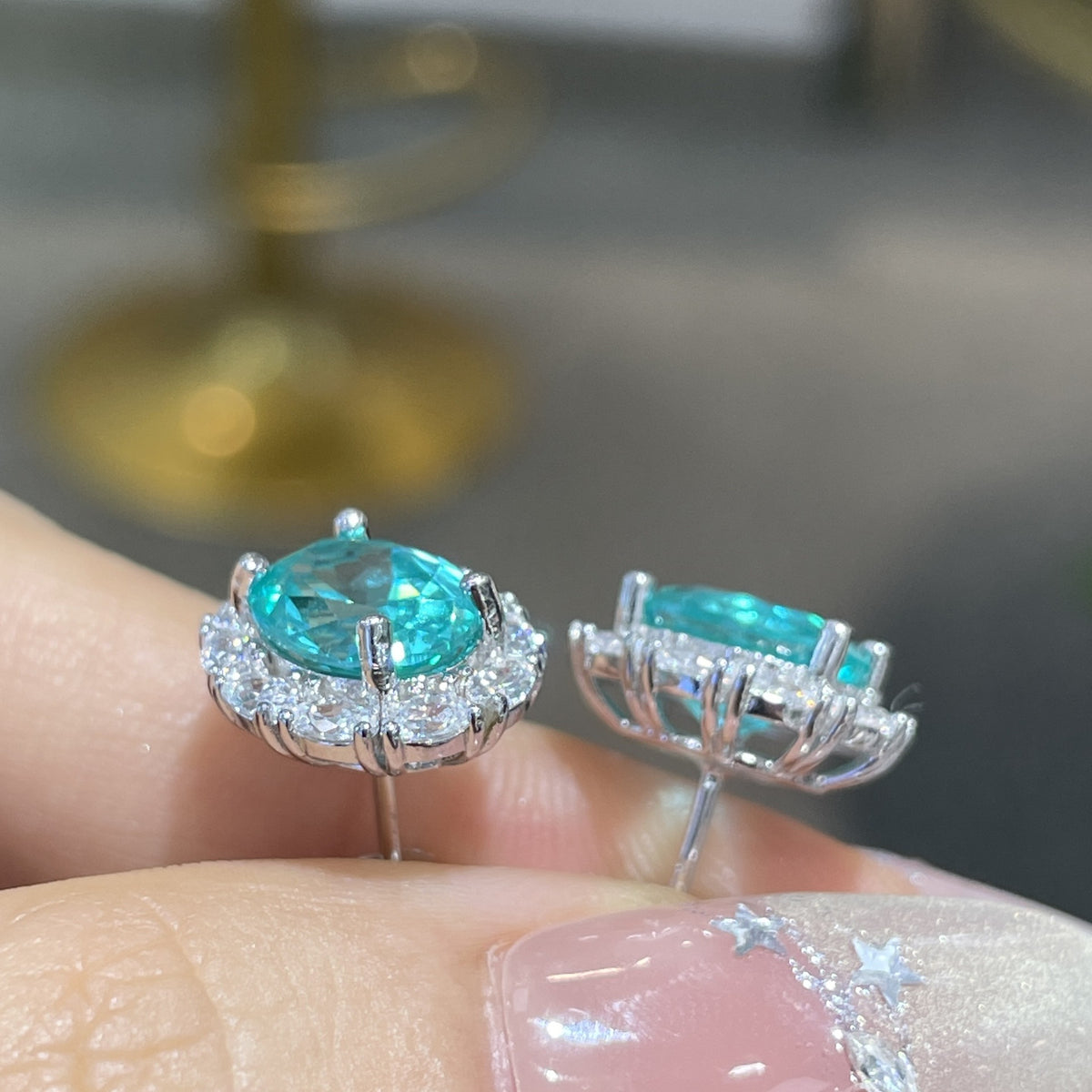 Oval Blue-Green Gemstone Halo Stud Earrings, Vintage-Inspired Sparkling Ear Studs product image