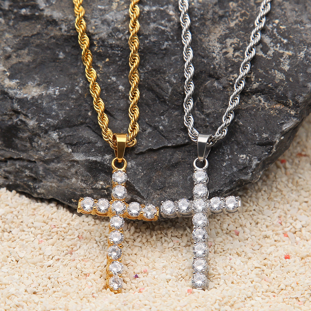 Iced Cross Pendant Necklace for Women & Men - Stainless Steel Rope Chain, Gold Plated or Silver Plated Statement Chain Jewelry