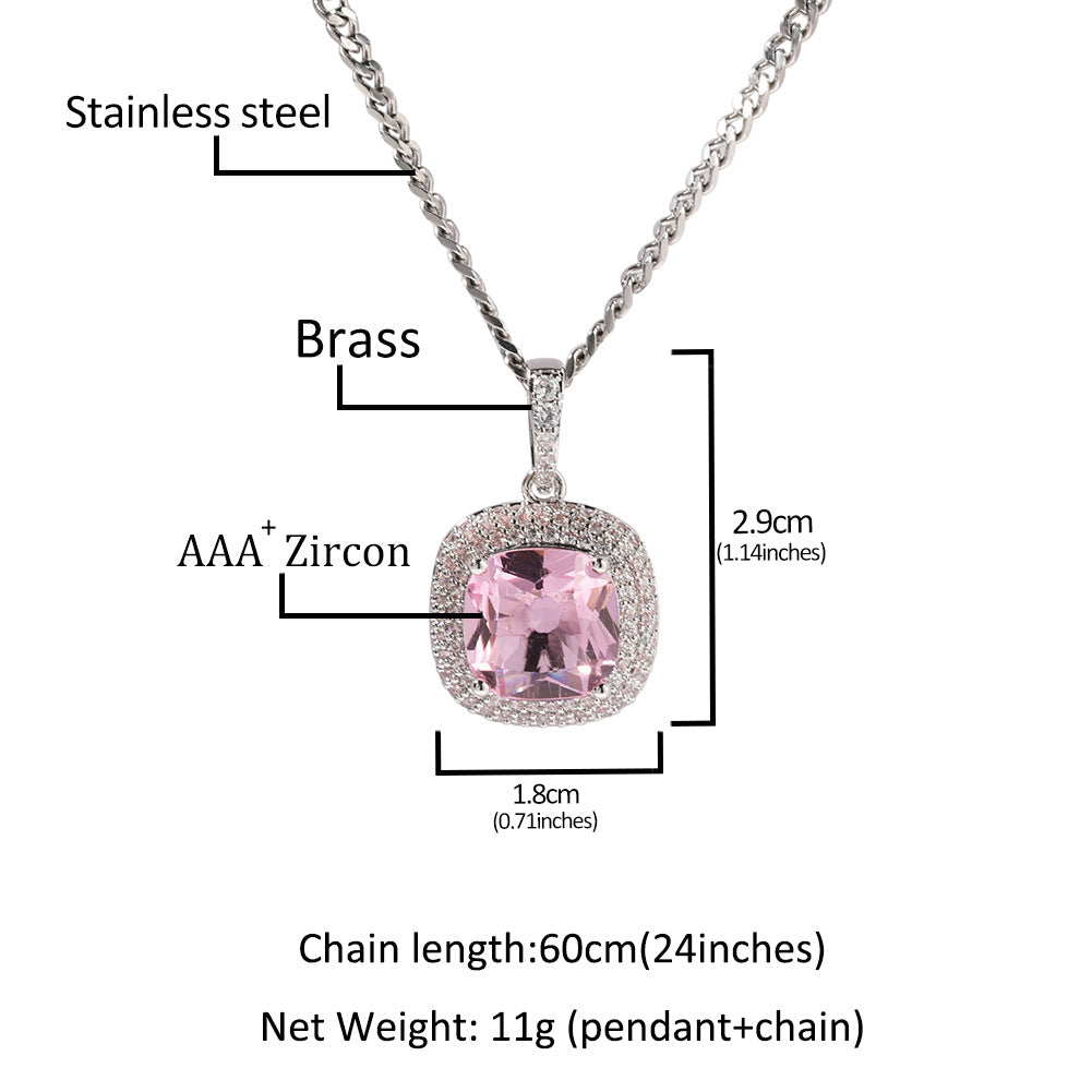 Unisex Square Cubic Zirconia Pendant Necklace with 24 Inch Twisted Chain in Silver Tone