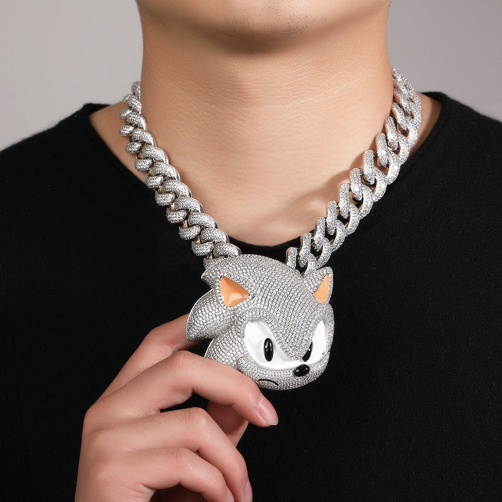 Iced Cartoon Hedgehog Pendant Necklace for Women - Silver Tone Hip Hop Statement Chain with Cubic Zirconia