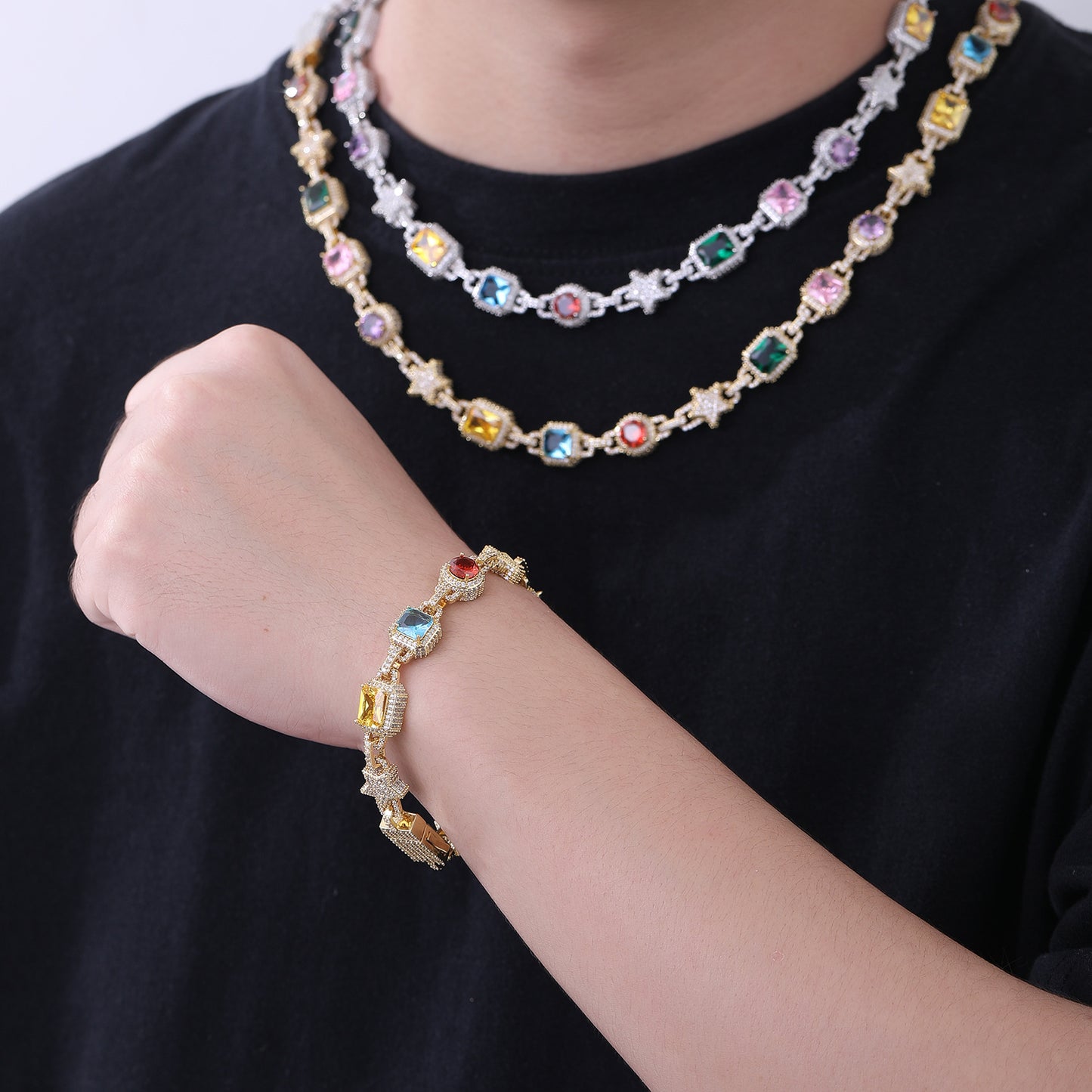 Colorful Geometric Star Chain Bracelet Necklace, 10mm Link Jewelry