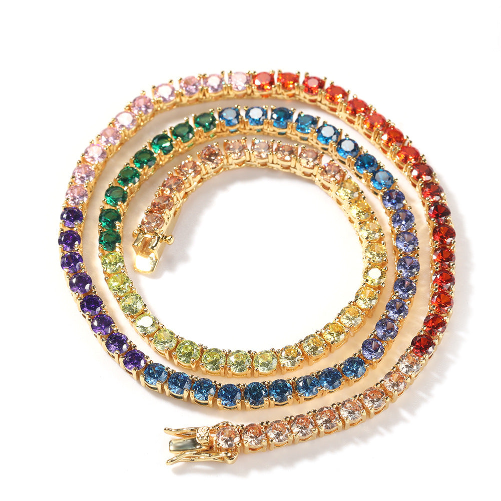 Unisex Rainbow Tennis Chain Necklace with Cubic Zirconia Pendant Look, Gold Plated & Silver Plated Statement Jewelry