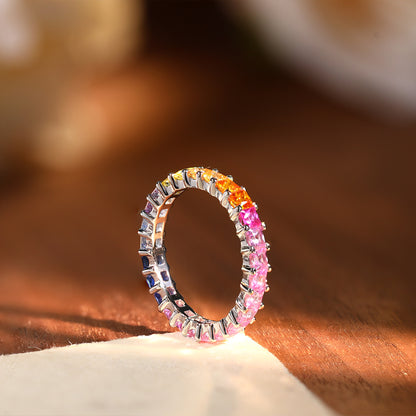Rainbow Eternity Ring, Princess Cut Full Circle Band, 925 Sterling Silver 18K Gold Plated
