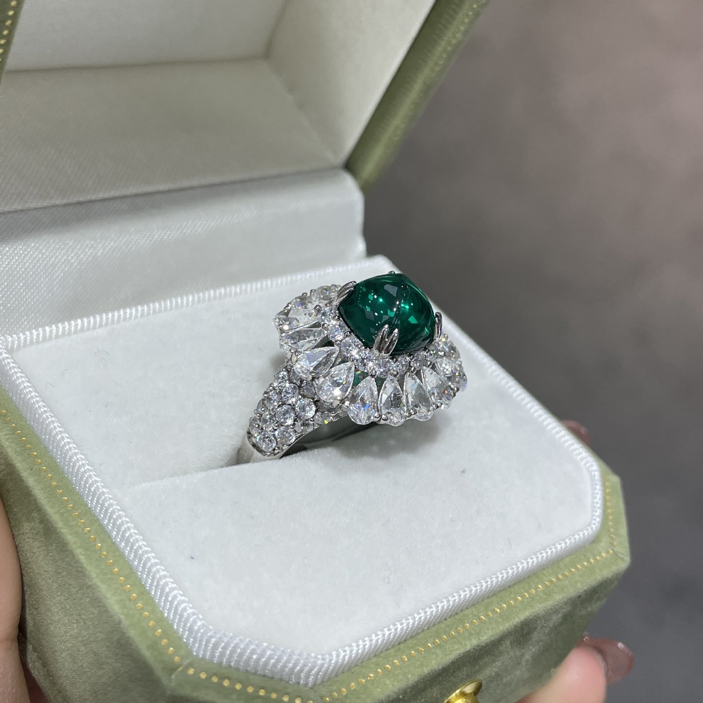 Green Cushion Halo Ring for Women, S925 Silver, 18K Gold Plated product image