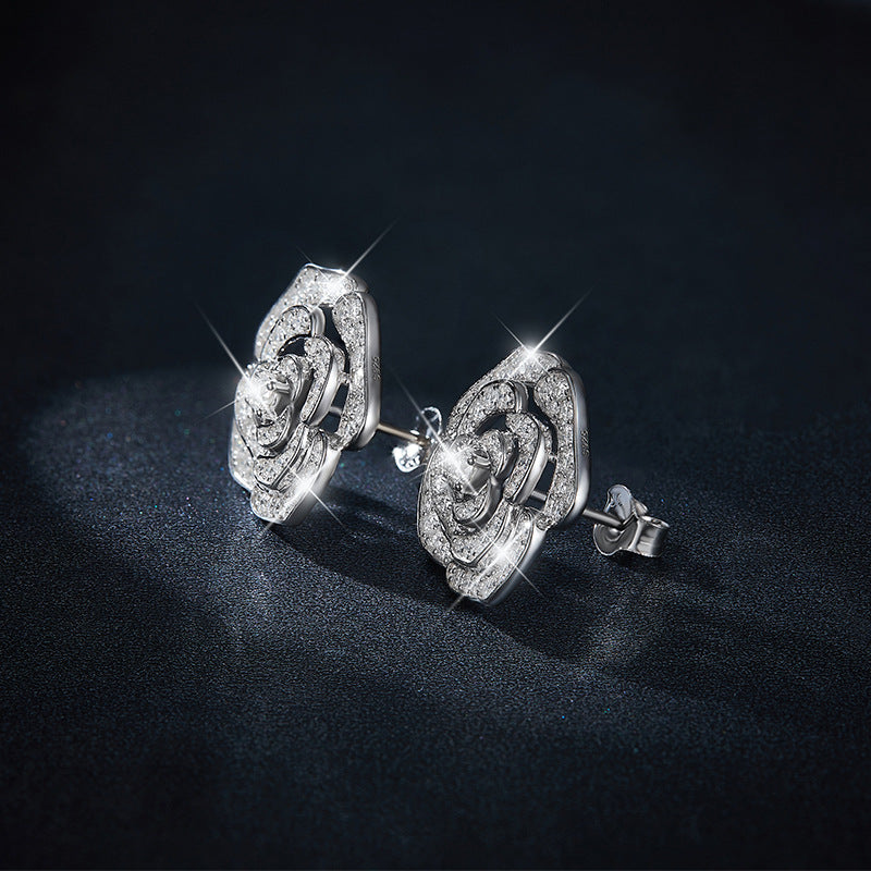 S925 Sterling Silver Camellia Flower Moissanite Stud Earrings for Women product image