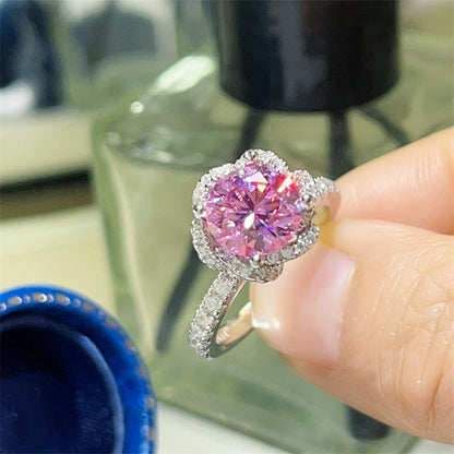 Pink Moissanite Halo Ring for Women, Rose Bloom Engagement Style Ring, 1 Carat or 2 Carat, Sizes 9-20