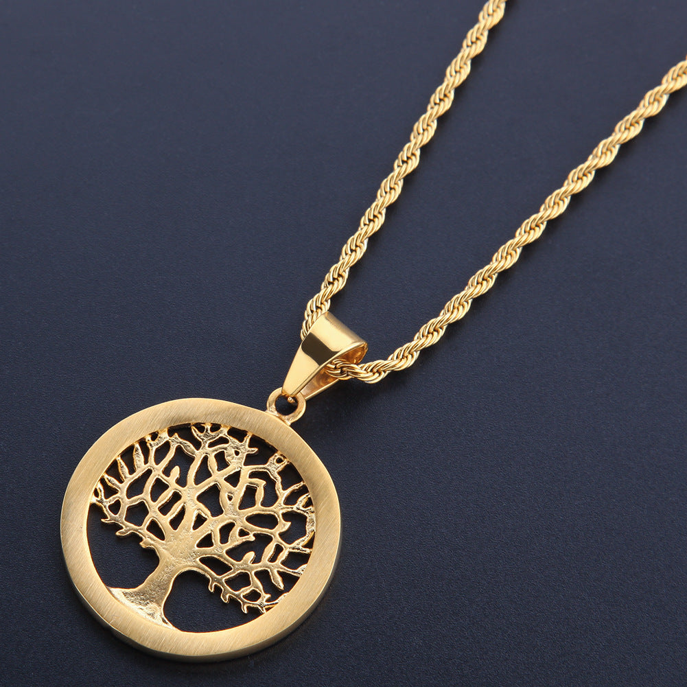 Gold Plated Stainless Steel Tree of Life Pendant Necklace with Crystal Accents Unisex Statement Chain product image