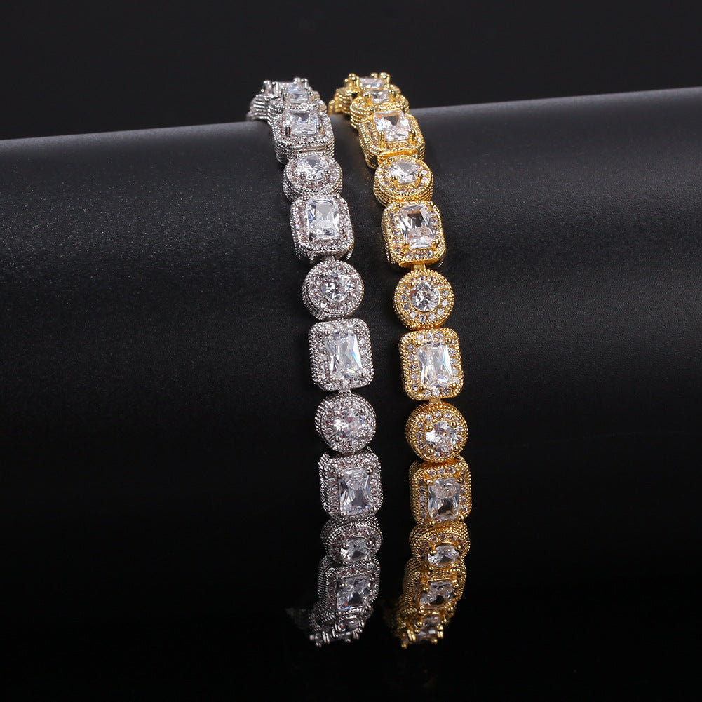Unisex Hip Hop Cubic Zirconia Tennis Bracelet in Gold or Silver Tone - Round & Square Link Chain, 7 Inch / 8 Inch