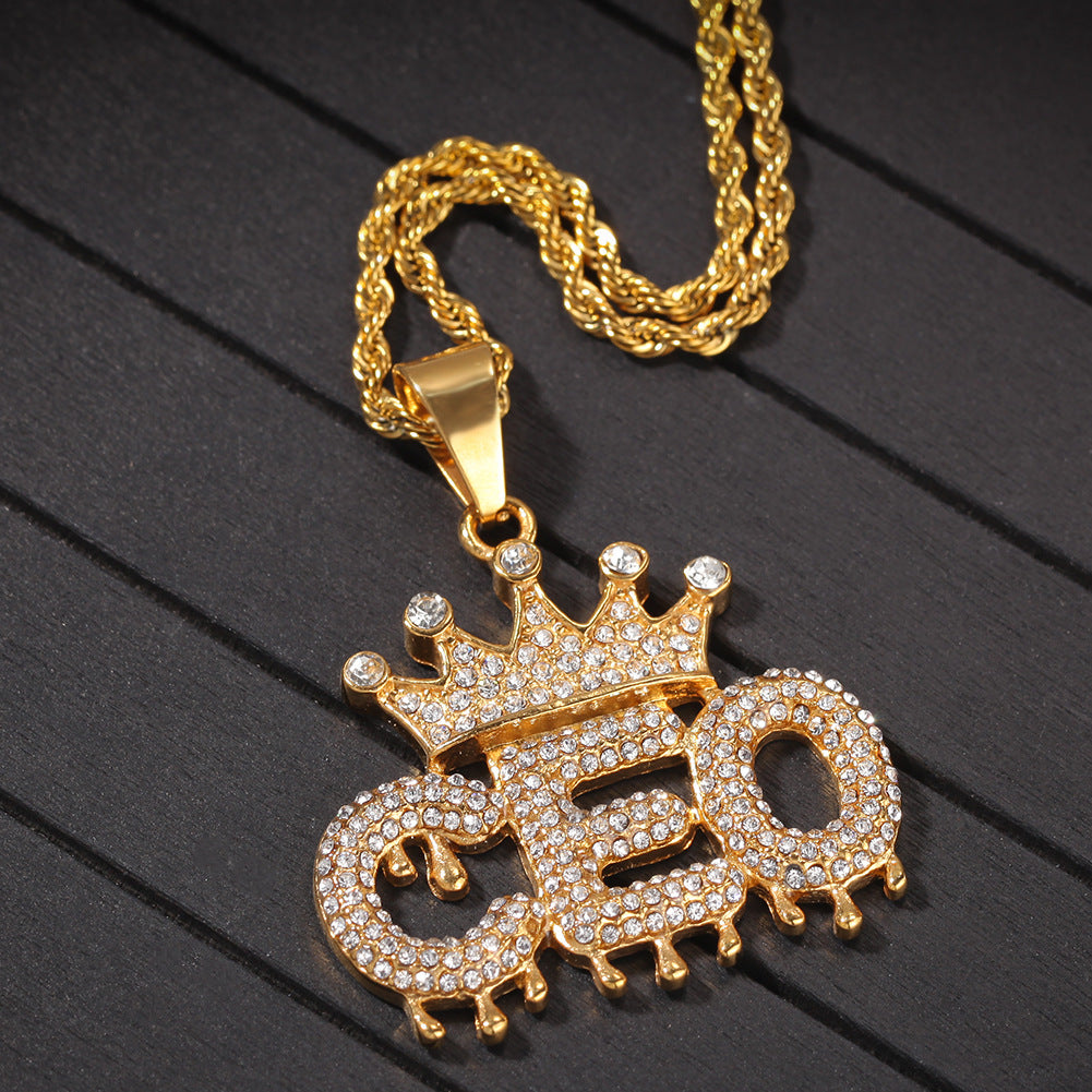 Gold Plated Stainless Steel CEO Letter Crown Pendant Necklace with Cuban or Rope Chain