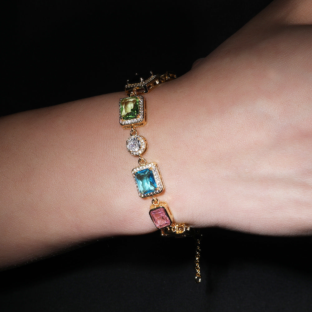 Hip Hop Statement Bracelet and Necklace Set for Women & Men, Colorful Geometric Chain Jewelry in Gold Tone and Silver Tone