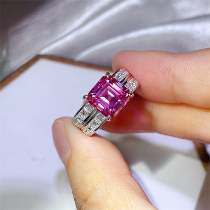 Pink Moissanite Ring with U-Shape Double Band, Square Cut Statement Ring